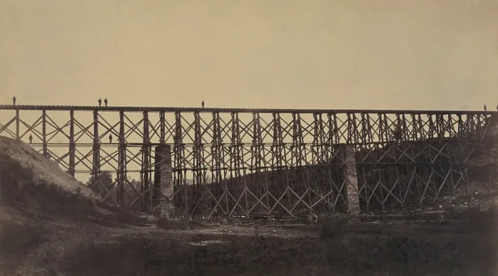 Framed Print : In May 1864, Confederates destroyed yet another Military railroad bridge over Potomac Creek. This reconstruction started at May 20, 1864, at 5 AM