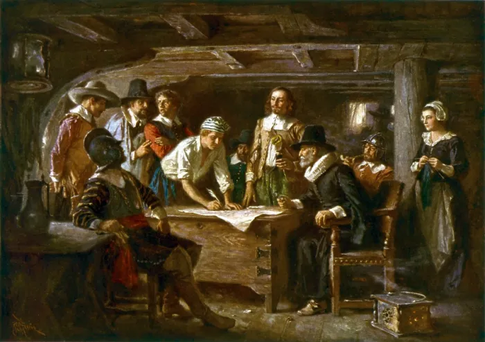 Framed Print : THE MAYFLOWER COMPACT, 1620, by Jean Leon Gerome Ferris, depicts male passengers signing the Mayflower Compact, on Nov. 11, 1620