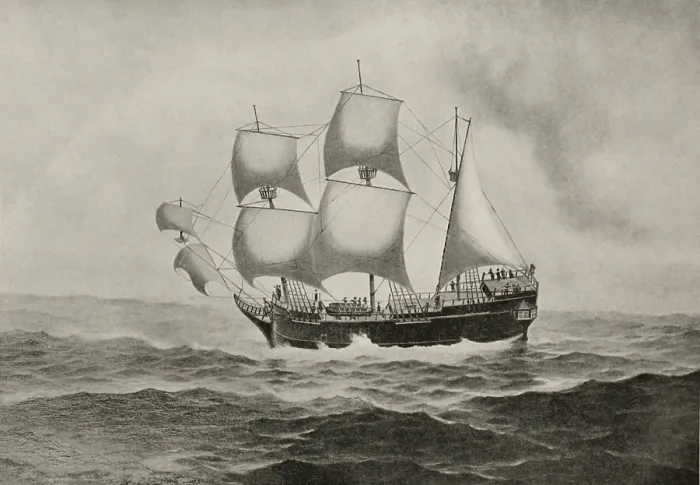 Framed Print : The Mayflower, sailing on the open sea, with passengers in 17th century dress (BSLOC_2020_1_162) Framed Print : The Mayflower, sailing on the open sea, with passengers in 17th century dress (BSLOC_2020_1_162)