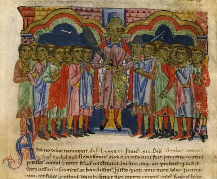 Framed Print : Mayor of Genoa Drudus Marcellinus with consuls and councilors, from Annales Ianuenses, ms.lat Framed Print : Mayor of Genoa Drudus Marcellinus with consuls and councilors, from Annales Ianuenses, ms.lat