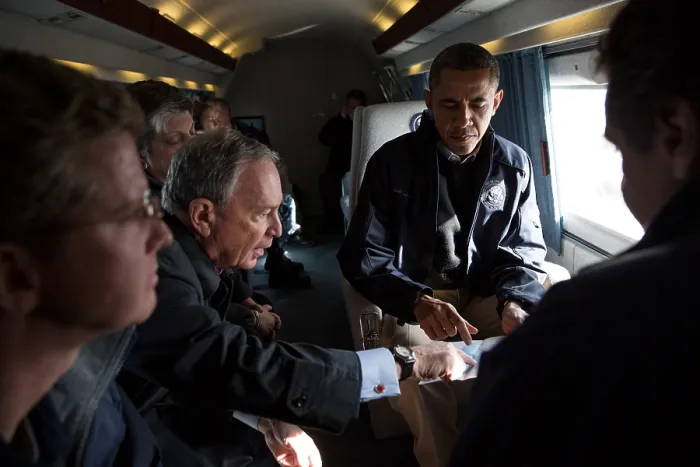 Framed Print : Mayor Michael Bloomberg and President Obama tour of Hurricane Sandy storm damage in NYC. Nov. 15, 2012. Aboard Marine One, L-R: Sec