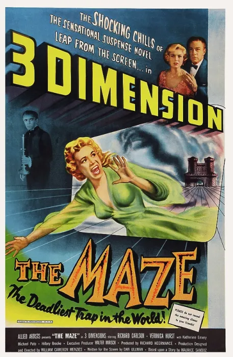 Framed Print : THE MAZE, background left: Michael Pate; top right, from left: Veronica Hurst, Richard Carlson, 1953 Framed Print : THE MAZE, background left: Michael Pate; top right, from left: Veronica Hurst, Richard Carlson, 1953