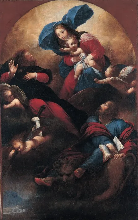 Framed Print : Mazzoni Sebastiano, Madonna and Child between Justice and St Mark, 17th Century, Tela, Italy, Friuli Venezia Giulia, Maniago, Udine, Villa Maniago