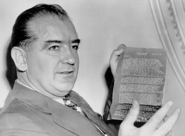 Framed Print : McCarthy with a letter from former war secretary Harry Woodring, stating George Marshall would sell out his own grandmother for personal advantage