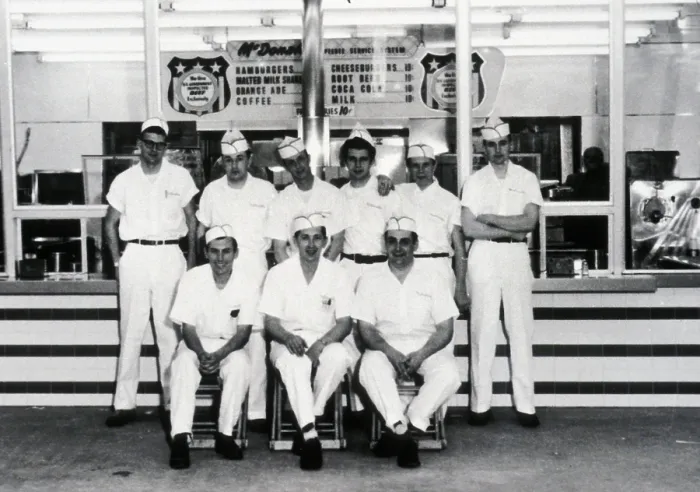 Framed Print : McDonald's restaurant original crew in front of first corporate store in Des Plaines Illinois. 1955. McDonald's Corp. photo. Photo by:Everett Collection(BSLOC_2011_6_179)