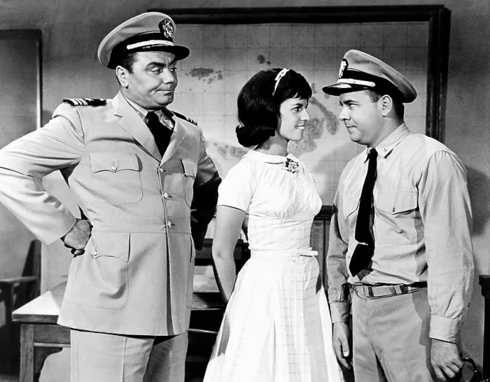Framed Print : McHALE'S NAVY, from left, Ernest Borgnine, Claudine Longet, Tim Conway, 1964