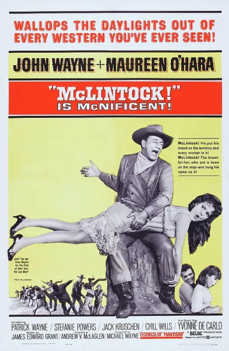 Framed Print : MCLINTOCK!, US poster art, John Wayne, Maureen O'Hara, Patrick Wayne, Stefanie Powers, 1963