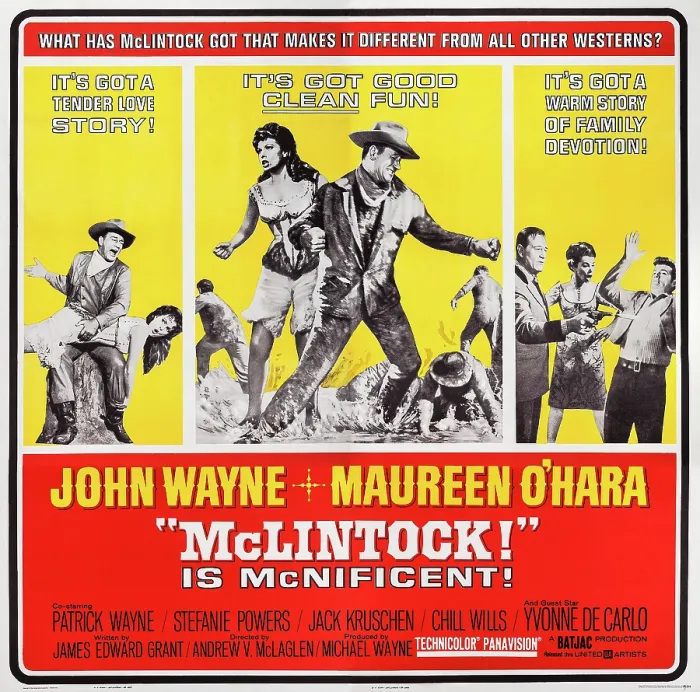 Framed Print : MCLINTOCK!, US poster art, left and center insets: John Wayne, Maureen O'Hara; right inset: John Wayne, Stefanie Powers, Patrick Wayne, 1963 Framed Print : MCLINTOCK!, US poster art, left and center insets: John Wayne, Maureen O'Hara; right inset: John Wayne, Stefanie Powers, Patrick Wayne, 1963