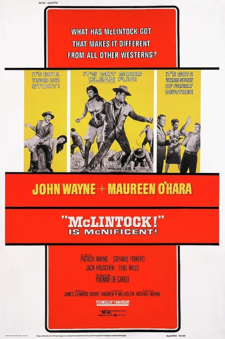 Framed Print : MCLINTOCK!, US poster art, left and center insets: John Wayne, Maureen O'Hara; right inset: John Wayne, Stefanie Powers, Patrick Wayne, 1963