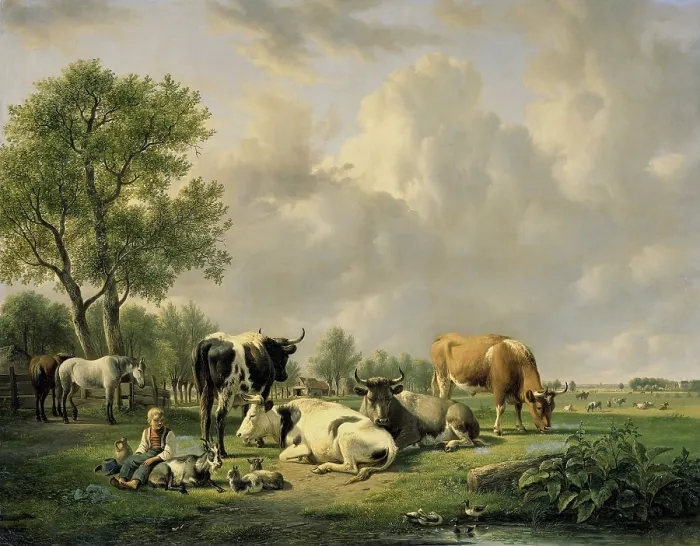 Framed Print : Meadow with Animals, by Jan van Ravenswaay, 1820-37, Dutch painting, oil on canvas. Pasture with cows and a boy with goats Framed Print : Meadow with Animals, by Jan van Ravenswaay, 1820-37, Dutch painting, oil on canvas. Pasture with cows and a boy with goats