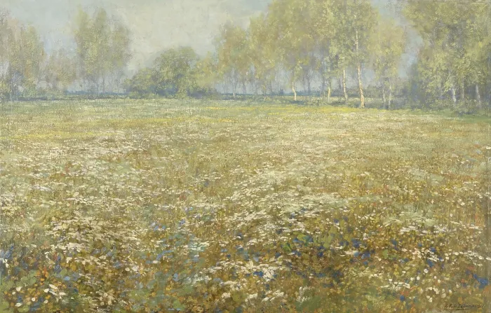 Framed Print : Meadow in Bloom, by Egbert Rubertus Derk Schaap, 1913, Dutch painting, oil on canvas. Flowers covered field bordered in distance with a row of birch trees. (BSLOC_2016_1_188)