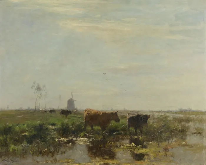 Framed Print : Meadow with Cows by the Water, by Willem Maris, 1895-1904, Dutch painting, oil on canvas. Polder landscape with cows and a distant windmill Framed Print : Meadow with Cows by the Water, by Willem Maris, 1895-1904, Dutch painting, oil on canvas. Polder landscape with cows and a distant windmill