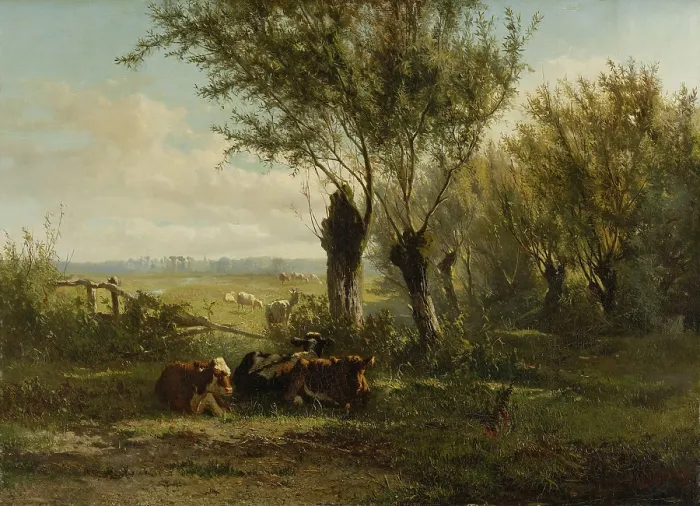 Framed Print : Meadow near Oosterbeek, by Gerard Bilders, 1860 Dutch painting, oil on canvas. Cow in foreground resting near pruned trees, with others grazing in the distance. (BSLOC_2016_1_300)