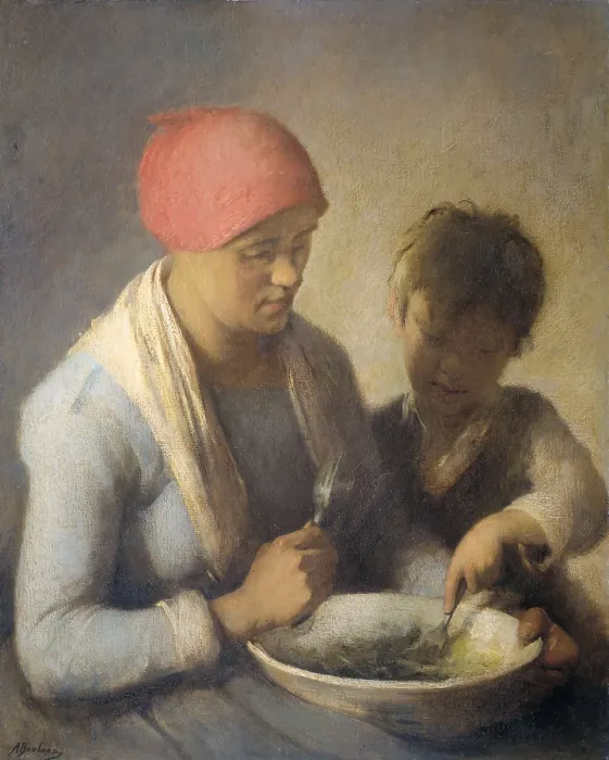 Framed Print : The Meal, by Auguste Boulard, c. 1850-92, Dutch painting, oil on canvas. A farmer's wife and her child eating together from a large bowl (BSLOC_2016_2_169)