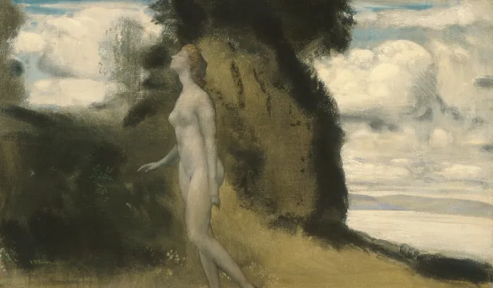 Framed Print : A MEASURE OF DREAMS, by Arthur B. Davies, 1925, American painting, oil on canvas. Nude walking on monumental hill landscape, evokes unreality Framed Print : A MEASURE OF DREAMS, by Arthur B. Davies, 1925, American painting, oil on canvas. Nude walking on monumental hill landscape, evokes unreality