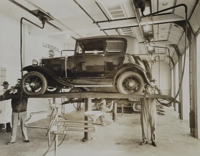 Framed Print : Mechanics servicing a Ford Model A automobile, ca. 1930. (BSLOC_2013_8_191) Framed Print : Mechanics servicing a Ford Model A automobile, ca. 1930. (BSLOC_2013_8_191)