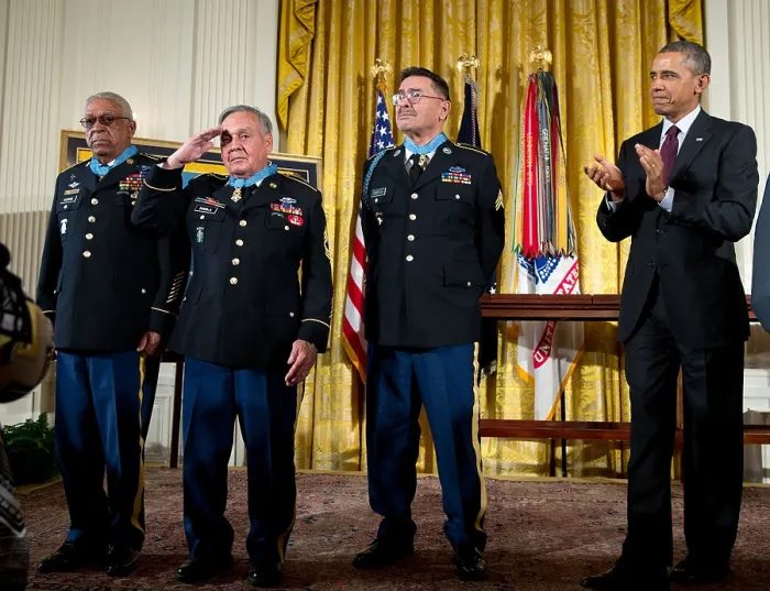 Framed Print : Medal of Honor ceremony honorees Sgt. Melvin Morris, Sgt. Rose Rodela, Spc. Santiago J. Erevia. March 18, 2014