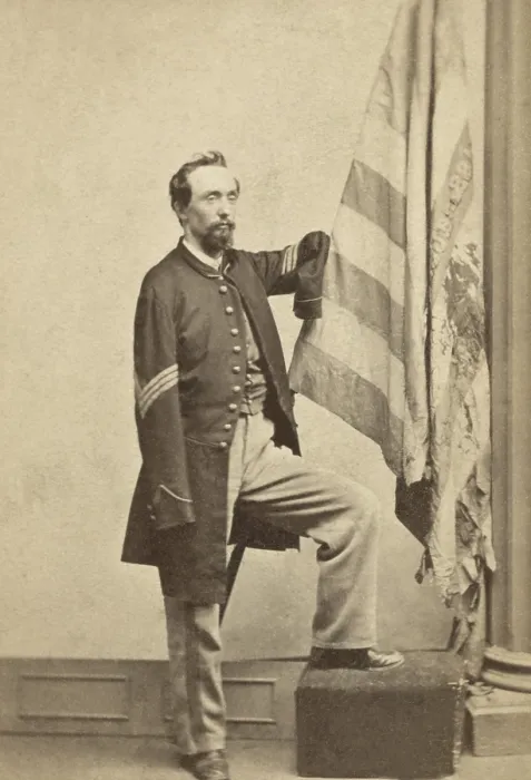 Framed Print : Medal of Honor recipient, Sergeant Thomas Plunkett, Co. E, 21st Massachusetts Infantry Regiment, with a tattered battle flag Framed Print : Medal of Honor recipient, Sergeant Thomas Plunkett, Co. E, 21st Massachusetts Infantry Regiment, with a tattered battle flag