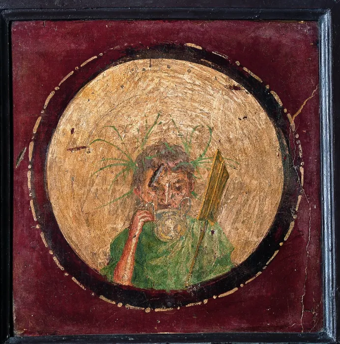 Framed Print : Medallion with Satyr, by unknown artist, 55-79, 1st Century A.D. ripped fresco, 36 x 36 cm - Italy, Campania, Naples, National Archaeological Museum, Room LXXVIII, inv. 8877