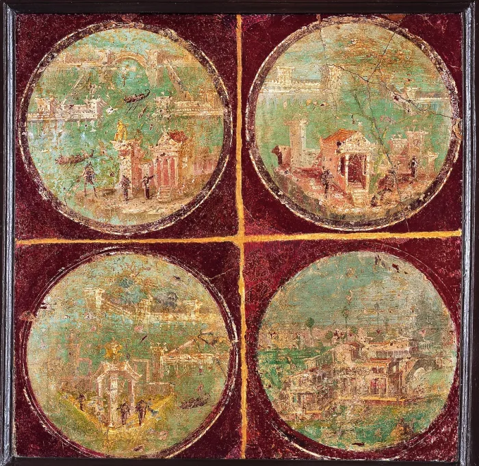 Framed Print : Medallions with Landscapes, by unknown artist, 45-79, 1st Century A.D. ripped fresco, 52 x 52 cm - Italy, Campania, Naples, National Archaeological Museum, Room LXVIII, inv