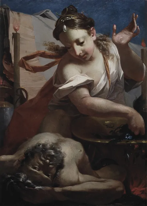 Framed Print : Medea and Esone, by Cesare Ligari, 1752, 18th Century, oil on canvas - Private collection. Detail. Medea is trying to resuscitate Esone