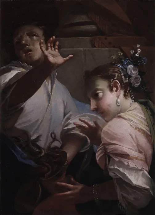 Framed Print : Medea and Jason, by Cesare Ligari, 1752, 18th Century, oil on canvas - Private collection. Whole artwork view. Jason scared