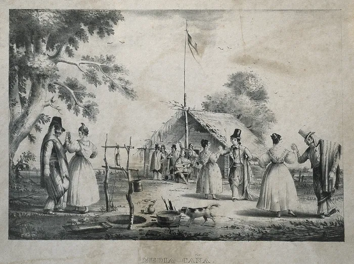 Framed Print : Media Cana, 1841. Countryside dance from Argentina. Costumbrism. Engraving. - J. Bedmar / Iberfoto / Everett Collection (511590)**US SALES ONLY**
