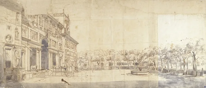Framed Print : Medici Villa seen from the Gardens, by Gaspar Van Wittel also known as Gaspare Vanvitelli, 1685, 17th Century, ink and watercolor - Italy, Lazio, Rome, Central National Library