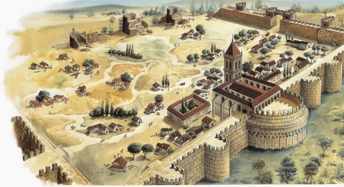 Framed Print : Medieval city under construction. Litography. AISA / Everett Collection**US SALES ONLY**