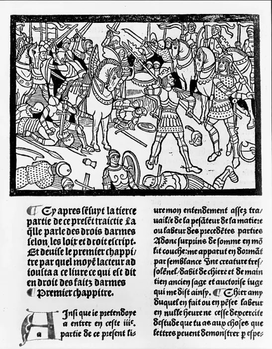 Framed Print : Medieval knights in battle, an illustration from Christine, de Pisan's (1364-1430) 'Faits d'armes et de chevalerie, ' a manual on warfare, commissioned by Philip