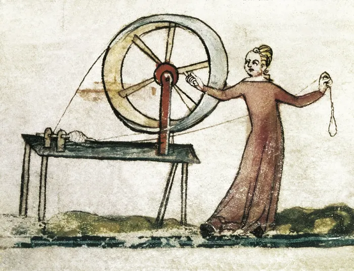Framed Print : Medieval Spinster. Miniature in 'The Smithfield Decretals'. Compendium c. 1340 of the decretals of Pope Gregory IX. Manuscript Ms Royal 10 E. Gothic art