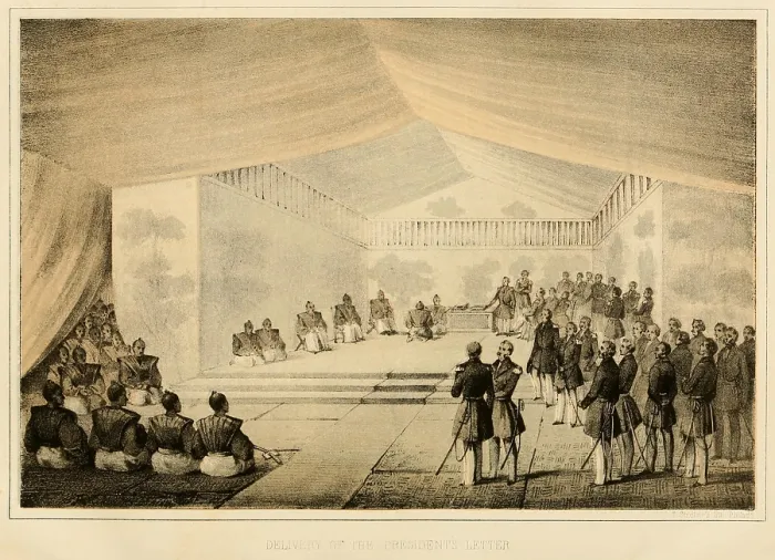 Framed Print : The meeting during which the Japanese high officials, Prince of Toda and Prince of Iwami, received the President's Letter, in a silent ceremony
