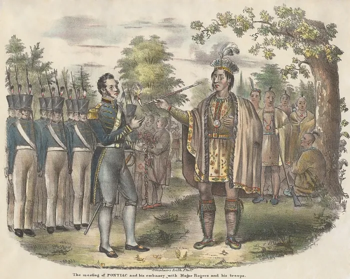 Framed Print : The meeting of Odawa war chief, Pontiac (Obwandiyag), and his embassy with Major Rogers and his troops. Rogers claimed to have met with the war chief in 1760 Framed Print : The meeting of Odawa war chief, Pontiac (Obwandiyag), and his embassy with Major Rogers and his troops. Rogers claimed to have met with the war chief in 1760