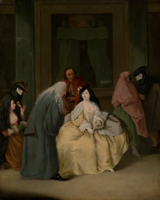 Framed Print : THE MEETING, by Pietro Longhi, 1746, Italian painting, oil on canvas. Venetian scene during Carnival in which a gentleman invites the lady, into the theater