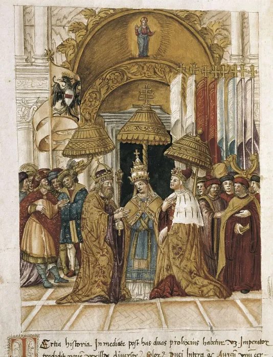 Framed Print : Meeting between the Pope Alexander III and the emperor Frederick I Barbarossa in Venice in 1177. Miniature Painting. AISA / Everett Collection**US SALES ONLY**