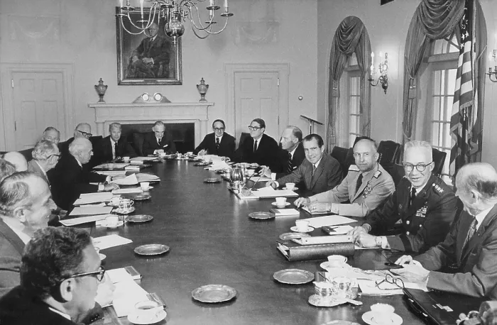 Framed Print : Meeting of the President Nixon's National Security Council through which Nixon and Henry Kissinger conducted their international politics. Ca. 1969-1974