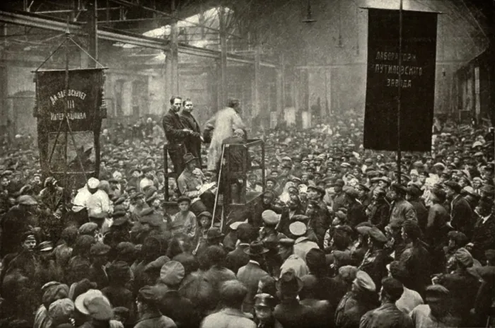 Framed Print : Meeting in the Putilov Works in Petrograd during the 1917 Russian Revolution. In February 1917 strikes at the factory contributed to the February Revolution. (BSLOC_2013_4_205)