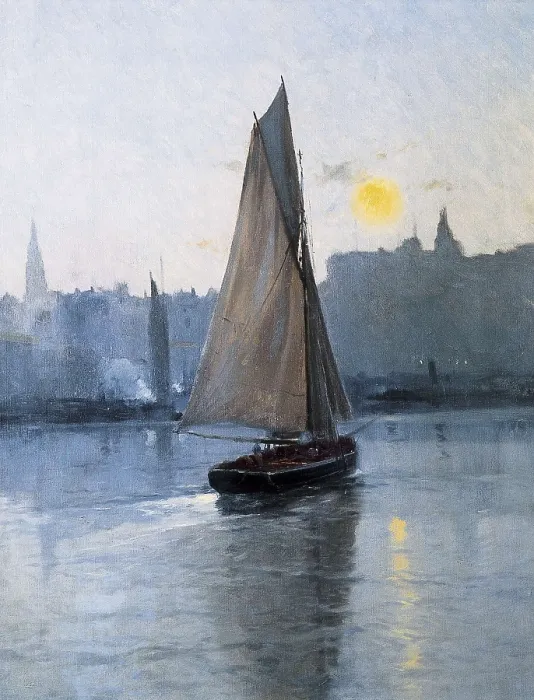 Framed Print : MEIFREN I ROIG, Eliseu (1859-1940). Boat entering the harbour. ca. 1885. Modernism. Oil on canvas. SPAIN. Barcelona. Oriol Gallery