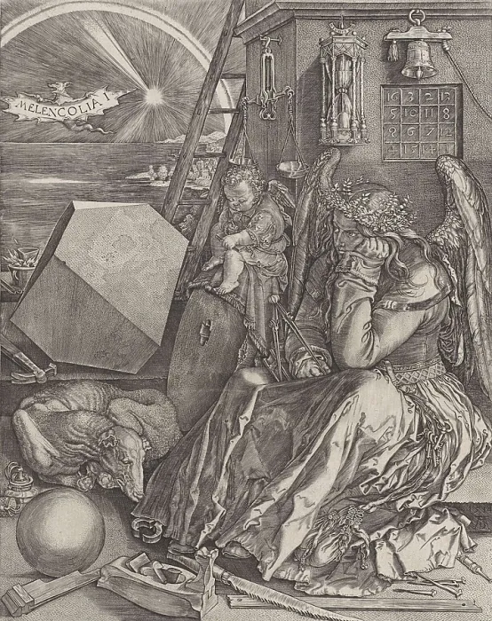 Framed Print : Melancholy, by Johannes Wierix after Durer, 1602, Netherlandish print. Copied from Durer's original of 1514 Framed Print : Melancholy, by Johannes Wierix after Durer, 1602, Netherlandish print. Copied from Durer's original of 1514