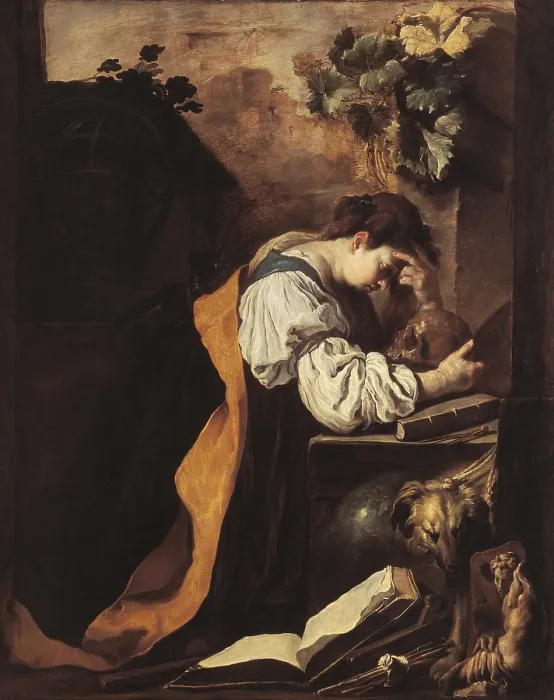 Framed Print : Melancholy or Meditation, by Domenico Fetti, 1618 - 1622 about, 17th Century, oil on canvas, cm 179 x 140 - Italy, Veneto, Venice, Accademia Art Galleries. All