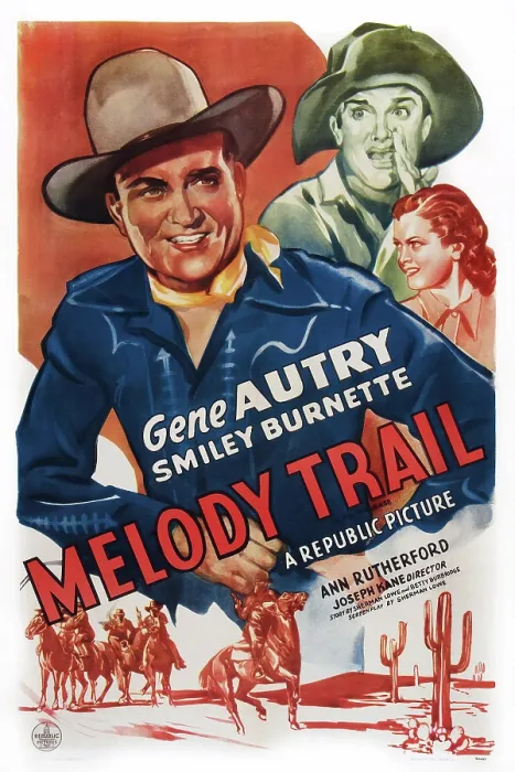 Framed Print : MELODY TRAIL, US poster art, from left: Gene Autry, Smiley Burnette, Ann Rutherford, 1935