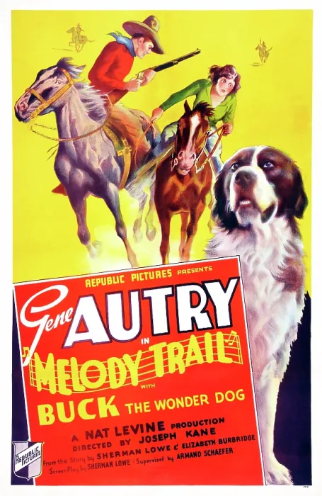 Framed Print : MELODY TRAIL, US poster, from left: Gene Autry, Ann Rutherford, Buck the Wonder Dog, 1935