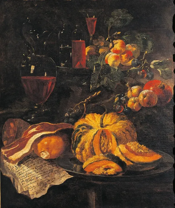 Framed Print : Melon, Bread, Salami and Crystal, by Giovanni Paolo Castelli know as Spadino, 1703, 18th Century, oil on canvas, cm 85 x 71 - Italy, Lazio, Rome, Capitoline Museums. All. All Framed Print : Melon, Bread, Salami and Crystal, by Giovanni Paolo Castelli know as Spadino, 1703, 18th Century, oil on canvas, cm 85 x 71 - Italy, Lazio, Rome, Capitoline Museums. All. All