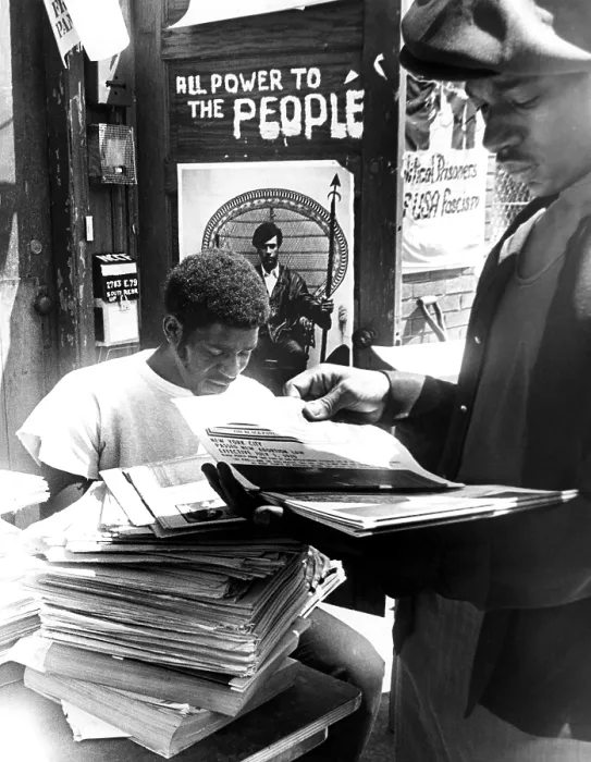 Framed Print : Two members of the Black Panther Party (Cleve Simpson, age 22, and David Hall, age 22) count issues of The Black Panther, July 1970.. Courtesy: CSU Archives  /  Everett Collection
