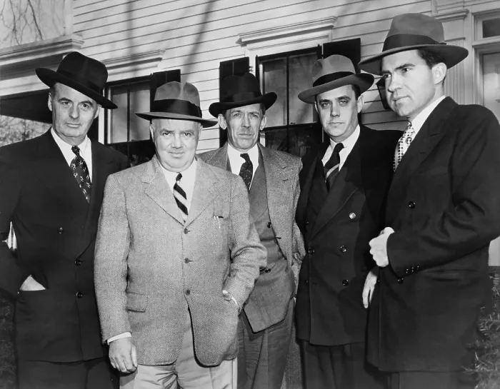Framed Print : Members of the House Un-American Activities Committee HUAC in 1948. L to R Rep. Richard B. Vail Rep. John Parnell Thomas Rep. John McDowell Robert Stripling chief counsel and Rep