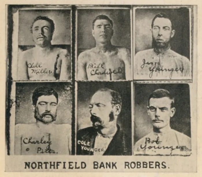 Framed Print : Six members of the James-Younger Gang members killed or captured in the disastrous Northfield, Minnesota bank robbery of Sept. 7, 1876 Framed Print : Six members of the James-Younger Gang members killed or captured in the disastrous Northfield, Minnesota bank robbery of Sept. 7, 1876