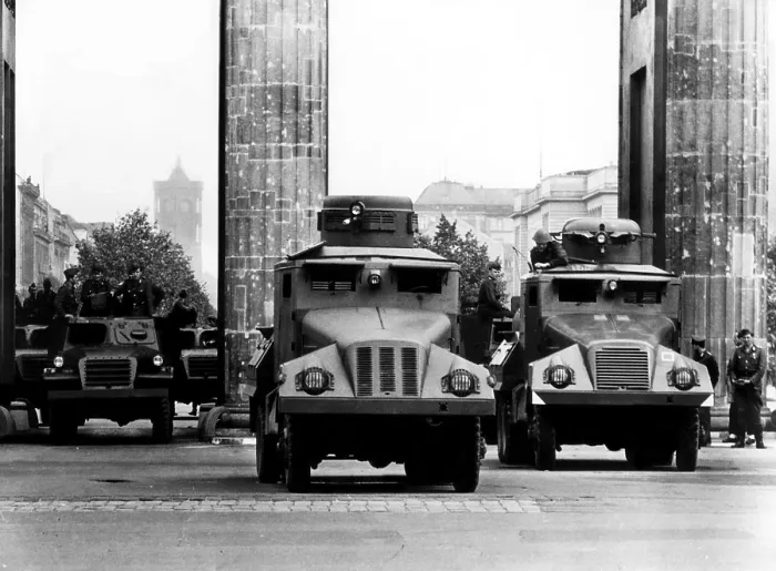 Framed Print : Members of the People's Army barricade the Brandenburg Gate with water-throwers, Berlin, Germany. 1961. Courtesy: CSU Archives / Everett Collection