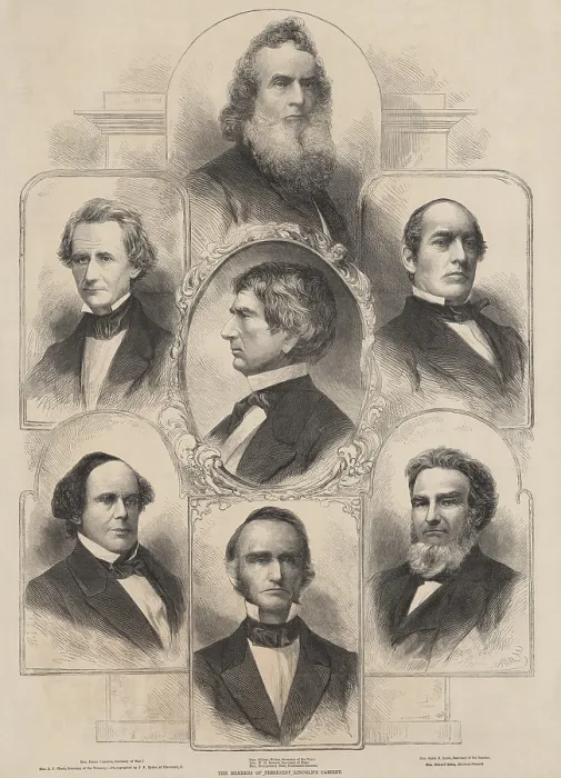 Framed Print : The members of President Lincolns Cabinet at the beginning of his first administration, 1861. Top to bottom, on left: Simon Cameron, War; Salmon Chase, Treasury