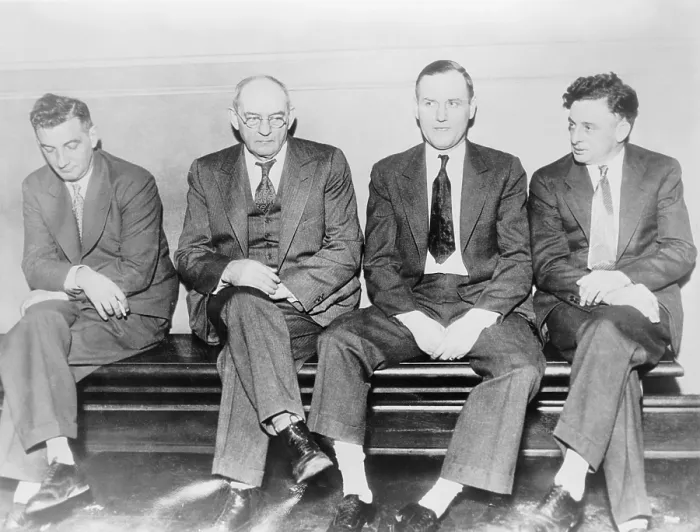 Framed Print : Members of Roger Touhy's gang in custody for trial for the kidnapping of mobster John Factor. L. to r.: Albert Kator, Edward McFadden, Gustaf Schafer, and Roger Touhy. 1933
