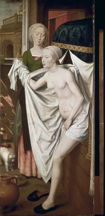 Framed Print : MEMLING, Hans (1433-1494). Bathsheba Bathing. ca. 1485. Flemish art. Oil. GERMANY. Stuttgart. Staatsgalerie (State Gallery of Stuttgart) Framed Print : MEMLING, Hans (1433-1494). Bathsheba Bathing. ca. 1485. Flemish art. Oil. GERMANY. Stuttgart. Staatsgalerie (State Gallery of Stuttgart)